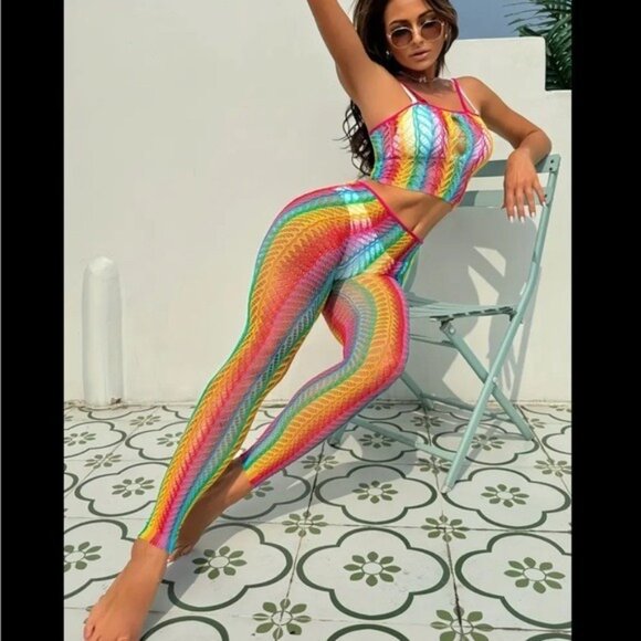 Rainbow Color Spaghetti Strap Top One-Piece Fishnet Bodysuit Cover-Up - Picture 3 of 7